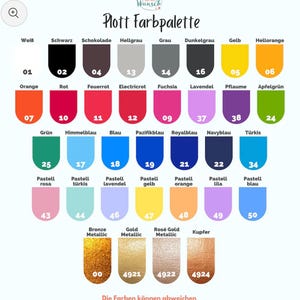 K&ouml;nnte beinhalten: Eine Farbpalette mit 50 verschiedenen Farben, darunter eine Vielzahl von Rot-, Blau-, Gr&uuml;n-, Gelb- und Oranget&ouml;nen. Die Palette enth&auml;lt auch Metallic-Farben wie Bronze, Gold und Ros&eacute;gold. Der Text "Plott Farbpalette" befindet sich oben auf der Palette.