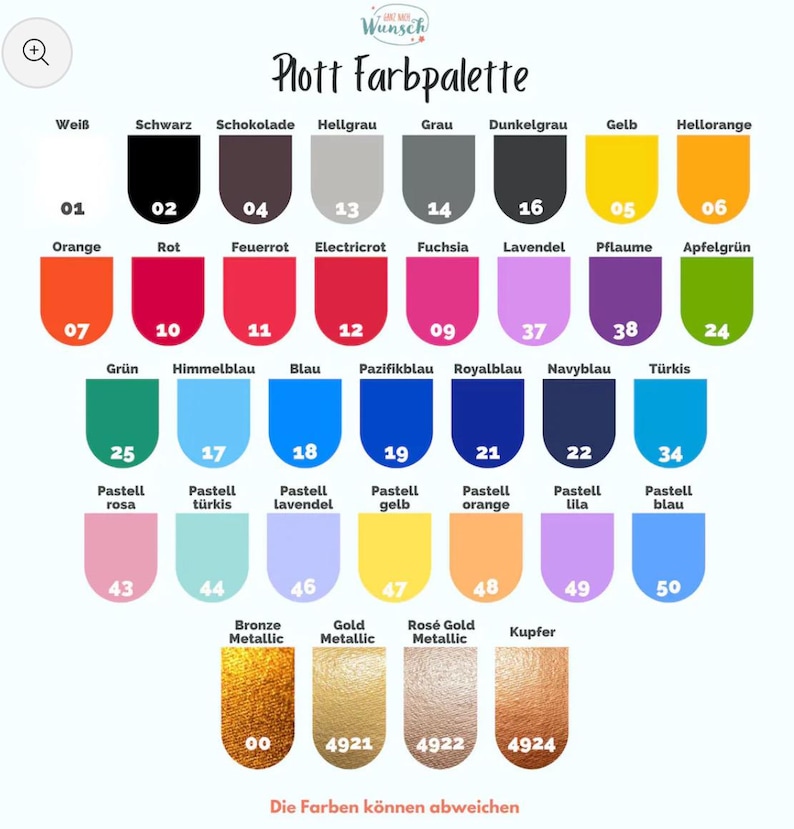 K&ouml;nnte beinhalten: Eine Farbpalette mit 50 verschiedenen Farben, darunter eine Vielzahl von Rot-, Blau-, Gr&uuml;n-, Gelb- und Oranget&ouml;nen. Die Palette enth&auml;lt auch Metallic-Farben wie Bronze, Gold und Ros&eacute;gold. Der Text "Plott Farbpalette" befindet sich oben auf der Palette.