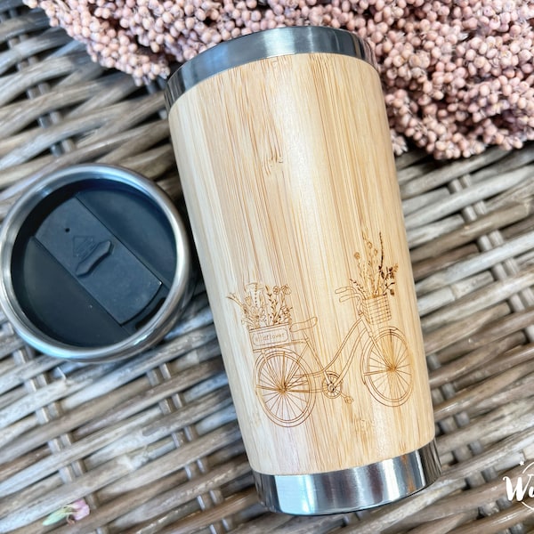 Gravierter To Go Kaffee Thermobecher  | Bambus | 450 ml | Personalisiert als Geschenk | Bike | Fahrrad | Nostalgisch | Coffee to go