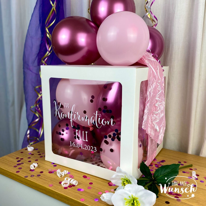 Konfirmation Geschenkbox für Mädchen mit Ballons, Personalisierte Dekoration, Kreative Luftballonverpackung, Einzigartige Erinnerung Bild 1