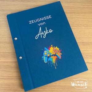 Personalisierte Zeugnismappe mit Controller, Zeugnisordner DIN A4, Geschenk zur Einschulung, Schulkind, Gaming, Zocken, Tiere, Fantasy