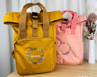 Backpack personalized | Flower wreath | Name | Enrollment | bag | Roll top | kindergarten | Outdoor | Camping | Hand luggage | school trip