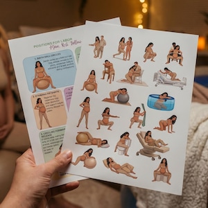 Può includere: Due fogli informativi bianchi con illustrazioni di varie posizioni per il parto. I fogli mostrano diverse figure in varie pose, tra cui sedute su una palla da parto, in ginocchio e in una vasca da parto, con il testo intitolato Positions for Labor.