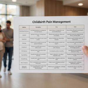 May include: A printed document titled "Childbirth Pain Management" is held in front of a blurred background of a pregnant woman and a man. The document lists methods, descriptions, pros, and cons.