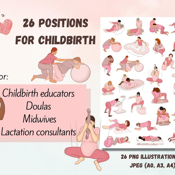 Labor and delivery positions. Labour and natural birth Digital posters for doulas, midwives, pregnant ladies. Hypnobirthing classes prints.