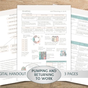 Puede incluir: Un folleto digital titulado "Extraer leche materna y volver al trabajo" con tres páginas de información sobre cómo extraer leche materna, cómo almacenarla y cómo volver al trabajo después de tener un bebé. El folleto incluye ilustraciones y diagramas.