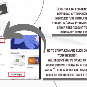 K&ouml;nnte beinhalten: Ein Screenshot einer Canva.com-Webseite mit Anweisungen zum Zugriff und Bearbeiten von gekauften Vorlagen. Der Text auf dem Bildschirm lautet: "Klicken Sie auf den Link, den Sie in Ihrem Download nach dem Kauf finden. Klicken Sie dann auf "Vorlage verwenden", sobald Sie in Canva sind. (Sie m&uuml;ssen ein kostenloses Canva-Konto haben, um die gekaufte Vorlage zu verwenden). Gehen Sie zu Canva.com und klicken Sie auf "Ihre Designs". Alle Designs, die Sie gespeichert oder an denen Sie gearbeitet haben, werden in diesem Bereich angezeigt. Um eine Vorlage zu bearbeiten, klicken Sie einfach auf die gew&uuml;nschte Vorlage."