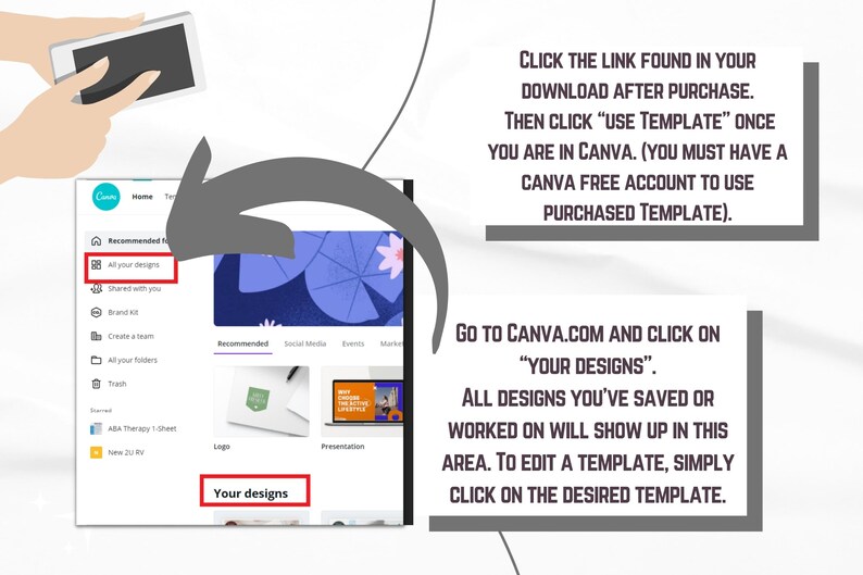 K&ouml;nnte beinhalten: Ein Screenshot einer Canva.com-Webseite mit Anweisungen zum Zugriff und Bearbeiten von gekauften Vorlagen. Der Text auf dem Bildschirm lautet: "Klicken Sie auf den Link, den Sie in Ihrem Download nach dem Kauf finden. Klicken Sie dann auf "Vorlage verwenden", sobald Sie in Canva sind. (Sie m&uuml;ssen ein kostenloses Canva-Konto haben, um die gekaufte Vorlage zu verwenden). Gehen Sie zu Canva.com und klicken Sie auf "Ihre Designs". Alle Designs, die Sie gespeichert oder an denen Sie gearbeitet haben, werden in diesem Bereich angezeigt. Um eine Vorlage zu bearbeiten, klicken Sie einfach auf die gew&uuml;nschte Vorlage."
