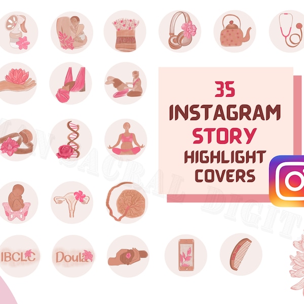 35 Instagram highlight covers for doula, midwife, obstetrician, lactation consultant, birth educator, birth photographer.