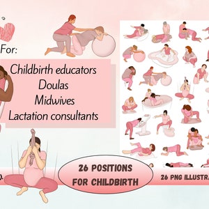 Labor and delivery positions. Labour and natural birth Digital posters for doulas, midwives, pregnant ladies. Hypnobirthing classes prints.