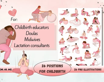 Labor and delivery positions. Labour and natural birth Digital posters for doulas, midwives, pregnant ladies. Hypnobirthing classes prints.