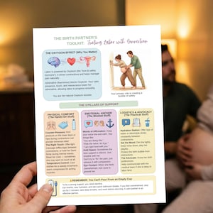 Peut inclure: Un document imprimé intitulé "The Birth Partner's Toolkit" avec des illustrations et du texte sur le soutien à l'accouchement. Le document est tenu dans la main d'une personne, avec une femme enceinte et une autre personne en arrière-plan.