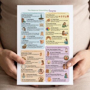 May include: A white paper titled "The Maternal Grounding Compass" is held by a person. The paper has colorful illustrations and text. The person is wearing a light-colored top. The paper's title is in a teal color.