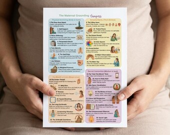 May include: A white paper titled "The Maternal Grounding Compass" is held by a person. The paper has colorful illustrations and text. The person is wearing a light-colored top. The paper's title is in a teal color.
