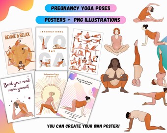 Prenatal png yoga poses.DIGITAL hypnobirthing poster and illustrations for birth yoga teacher. 21 PNG clipart prenatal yoga.