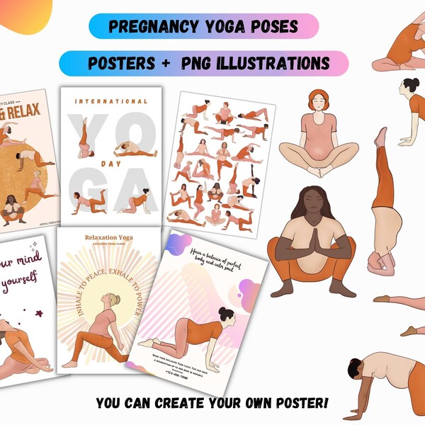 Prenatal png yoga poses.DIGITAL hypnobirthing poster and illustrations for birth yoga teacher. 21 PNG clipart prenatal yoga.