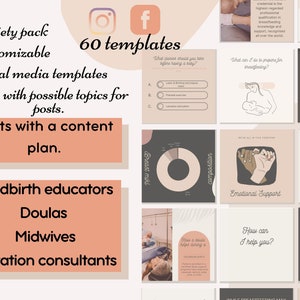 Doula Instagram Facebook Posts Template Pack + content plan | Birth educator | Midwife | Lactation consultant | Birth Worker| Canva Template