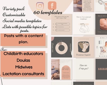 Doula Instagram Facebook Posts Template Pack + content plan | Birth educator | Midwive | Lactation consultant | Birth Worker| Canva Template