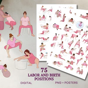 75 posições de trabalho de parto e parto rosa PNG. Cartazes digitais de trabalho de parto e parto natural para doulas, parteiras e gestantes. Cartões de trabalho de parto