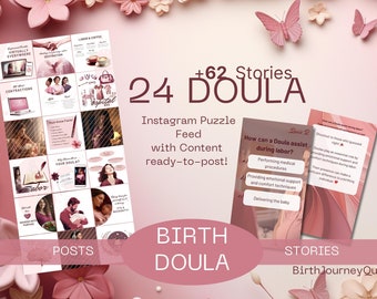 Burgundy Birth Beat: 24 Editable Birth Doula Instagram Posts and content plan + 62 Instagram Doulas Quizzes | Birth Worker | Canva Templates