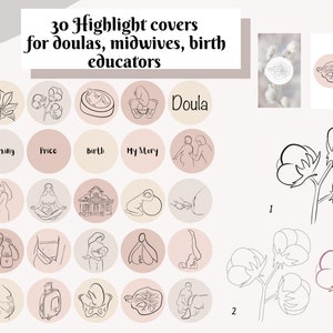 30 Instagram story highlights icons covers for doulas, midwives, lactation consultants, birth professionals, childbirth mentor. Digital icon