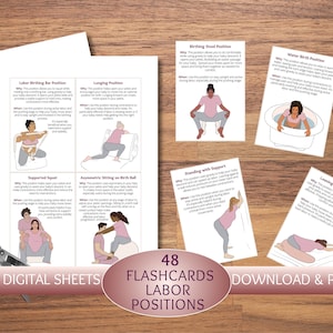 Flashcard sulle posizioni del travaglio e del parto, schede digitali con le posizioni del parto per doula, ostetrica, ospedale di maternità