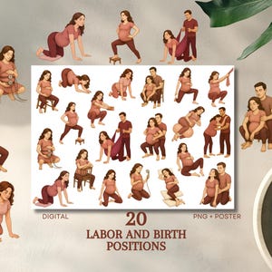 Postes de main-d&#39;oeuvre et d&#39;accouchement | 20 visuels main-d&#39;oeuvre et accouchement | Affiche numérique pour doulas, sages-femmes. Cours d&#39;hypnose 20 illustrations PNG