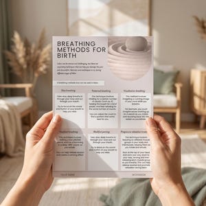 Puede incluir: Una hoja informativa de color claro titulada Breathing Methods for Birth, con texto en negro y una imagen circular de una piedra sobre arena. El documento describe seis técnicas, incluyendo respiración lenta, rítmica, visualizada, vocalizada, modificada y relajación progresiva.