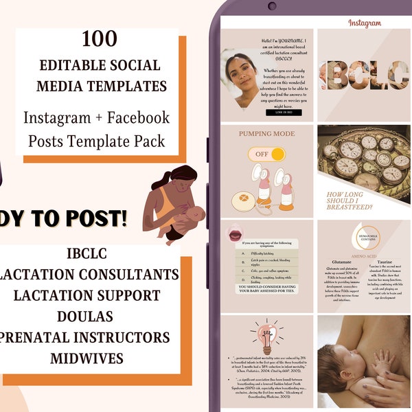 Lactation Consultant 100 Instagram Facebook Templates + content plan. Posts about breastfeeding for Doula, Birth educator, Midwife, IBCLC