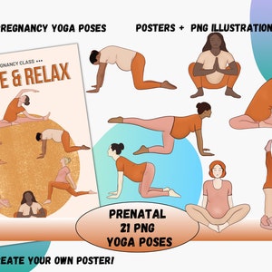 Posturas de yoga prenatal png. Póster de hipnoparto digital e ilustraciones para profesora de yoga de parto. 21 imágenes prediseñadas PNG de yoga prenatal.