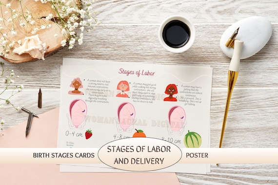 Stages of labor and delivery poster and birth stages cards. Birth education handout for childbirth educators, midwives and doulas. Printable
