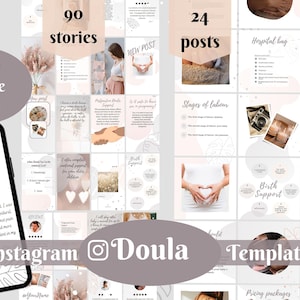 Könnte beinhalten: Ein Satz von 90 Instagram-Story-Vorlagen und 24 Post-Vorlagen für Doulas. Die Vorlagen haben ein hellrosa und weißes Farbschema mit Illustrationen von Blättern, Herzen und einer Kamera. Der Text "Instagram Doula Templates" ist in der Mitte des Bildes zu sehen.