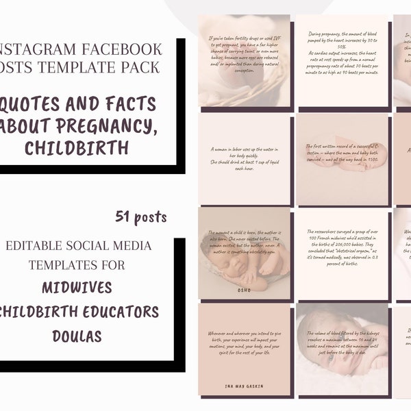 Pregnancy and birth quotes and facts in Instagram, Facebook post templates for Doulas, Birth Workers, Midwives.