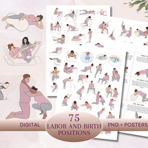 75 Posições de trabalho de parto e parto PNG. Cartazes digitais de trabalho de parto e parto natural para doulas, parteiras e gestantes. Cartões de posições de trabalho de parto