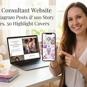 Sito web per consulenti per l'allattamento e 80 post Instagram e 100 modelli di storie, 50 copertine in evidenza per consulenti per l'allattamento