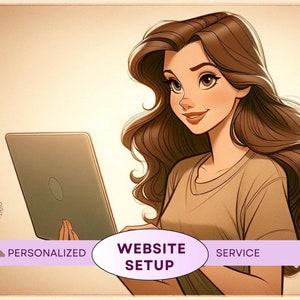 Könnte beinhalten: Eine Frau mit langen braunen Haaren benutzt einen Laptop. Der Laptop-Bildschirm zeigt ein Website-Design mit dem Text "PERSONALIZED WEBSITE SETUP SERVICE".