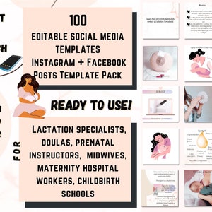 Lactation 100 Instagram Facebook Templates + content plan. Breastfeeding consultant, Doula, Birth educator, Midwife, Birth Worker.