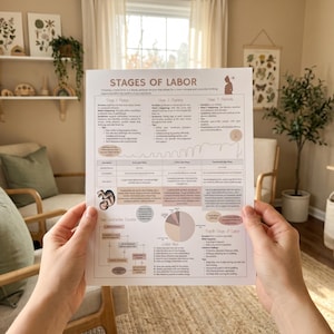 May include: A white informational chart titled STAGES OF LABOR with black text, diagrams, and tables detailing the birthing process. The document features sections on stages one through three, a contraction timeline, and a flow chart on the bottom left.