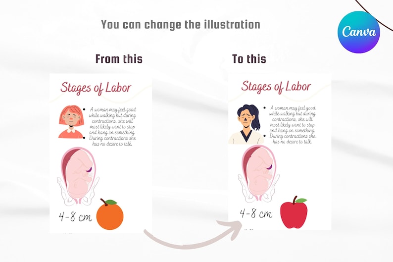 K&ouml;nnte beinhalten: Illustration, die die Phasen der Wehen zeigt, mit einer Frau in einem wei&szlig;en Hemd und einem Baby im Mutterleib. Die Illustration zeigt das Baby bei 4-8 cm Weitung. Die Illustration wird von einem Text begleitet, der die Phasen der Wehen beschreibt.
