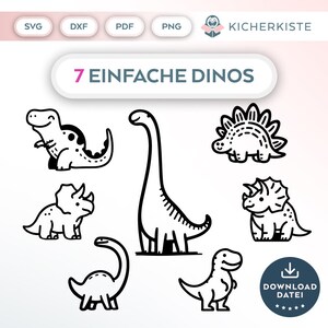 Op de afbeelding: Een set van zeven zwart-wit dinosaurussen illustraties. De dinosaurussen omvatten een stegosaurus, een brachiosaurus, een triceratops en een tyrannosaurus rex. De illustraties zijn eenvoudig en gemakkelijk om in te kleuren.