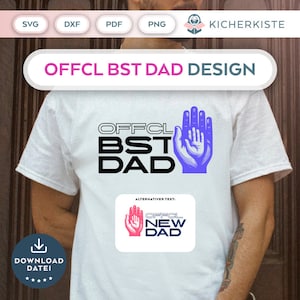 Op de afbeelding: Een wit T-shirt met een zwart en blauw grafisch ontwerp met de tekst "OFFCL BST DAD". De grafiek toont twee handen, een grote en een kleine, waarbij de kleinere hand in de grotere hand ligt. Het T-shirt heeft ook een kleinere grafiek met de tekst "OFFCL NEW DAD" met twee handen in roze en blauw.