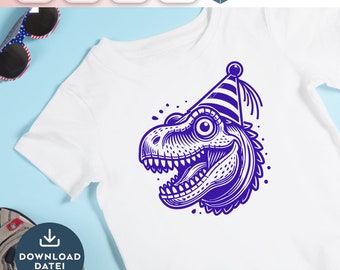 May include: A white t-shirt featuring a blue dinosaur wearing a striped party hat. The dinosaur is smiling and has a large eye. The text "DOWNLOAD DATEI" is on a blue circle below the dinosaur.
