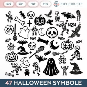 May include: A black and white illustration set of 47 Halloween symbols. The set includes a ghost, a skeleton, a pumpkin, a bat, a witch's hat, a skull, a candy corn, a spider web, a broom, a crescent moon, a bone, a raven, a cauldron, and more.