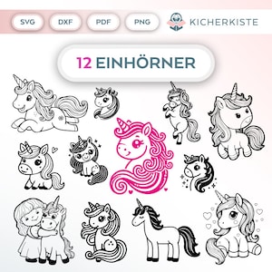 Op de afbeelding: Een set van 12 zwart-witte unicorn illustraties, waaronder een roze unicorn met een krullende manen. De illustraties zijn perfect voor knutselprojecten, scrapbooking of digitaal ontwerp.