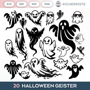May include: A set of 20 black and white ghost illustrations. The ghosts are in various poses and expressions, including smiling, frowning, and wearing sunglasses. The text "20 HALLOWEEN GEISTER" is at the bottom of the image.