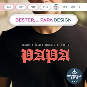 Op de afbeelding: Een zwart T-shirt met een rode grafische afbeelding waarop "PAPA" staat in een vetgedrukte, gestileerde lettertype. De tekst "BESTER, ... PAPA DESIGN" staat boven de afbeelding, en de tekst "BESTER KLÜGSTER LIEBSTER STÄRKSTER" staat onder de afbeelding.