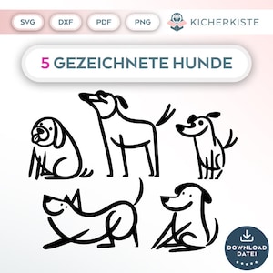 Può includere: Cinque disegni in bianco e nero di cani in varie pose. Il testo "5 GEZEICHNETE HUNDE" è in cima all'immagine.