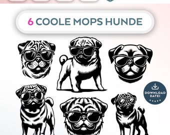 Bundle Plotterdatei Hunde SVG PNG Deutsche Schneidedatei Clipart 6 coole Mops Hunde zum selbst drucken Silhouette Plotter dog svg’s