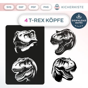 Op de afbeelding: Vier zwart-wit illustraties van T-Rex-koppen. De koppen zijn in verschillende richtingen gericht en hebben verschillende uitdrukkingen. De tekst "4 T-REX KÖPFE" staat bovenaan de afbeelding.
