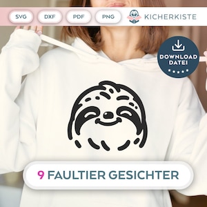 Op de afbeelding: Een witte hoodie met een zwarte afbeelding van een lachend luiaardgezicht. De tekst "9 FAULTIER GESICHTER" staat onderaan. De afbeelding bevat ook pictogrammen voor SVG-, DXF-, PDF- en PNG-bestandstypen, en een downloadknop.